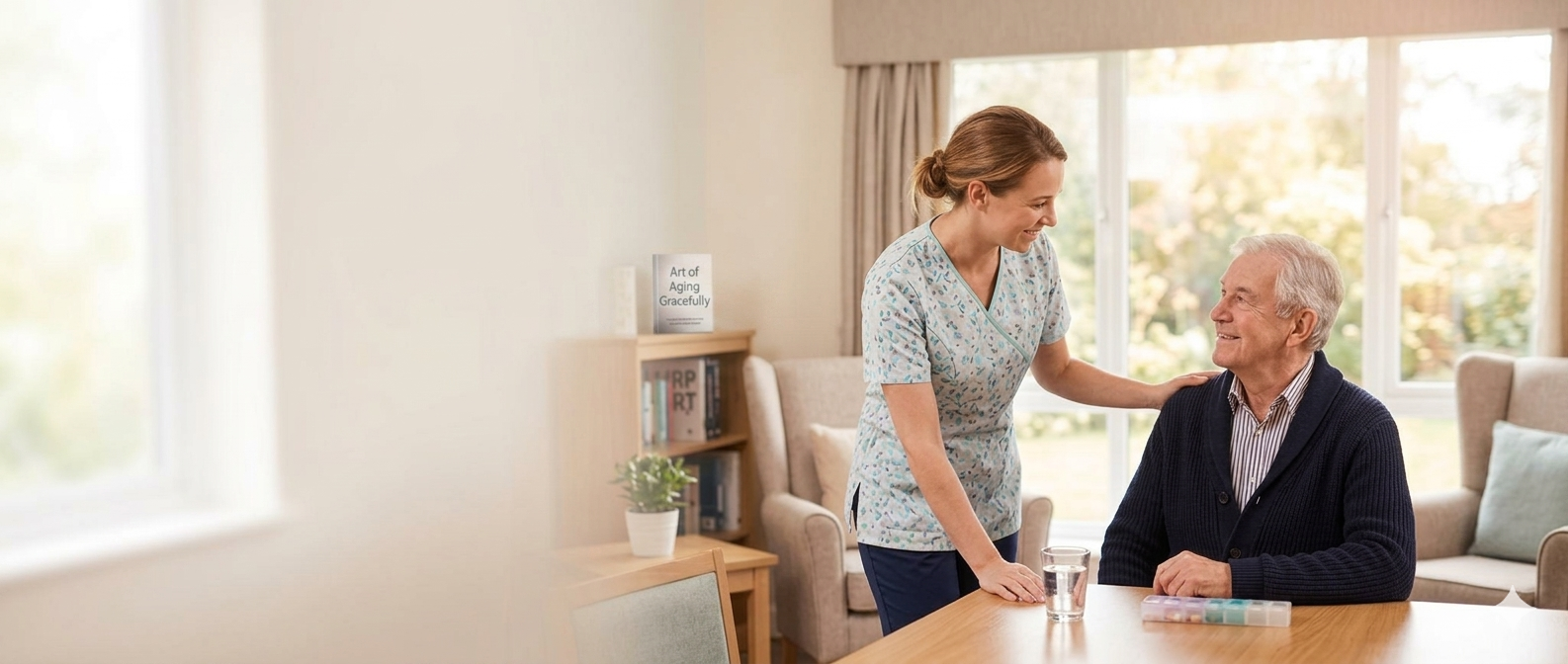 Personal support worker assisting a senior at a Canadian long-term care home